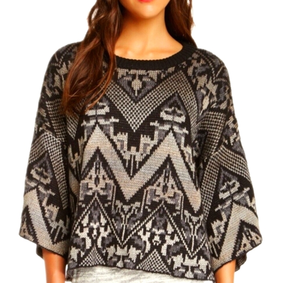 Free People Sweaters - Free People Superstar wool blend cropped boxy black gray abstract knit sweater L